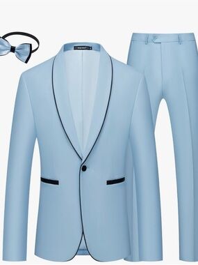 Light Blue Men's Shawl Lapel Suit with Black Trim